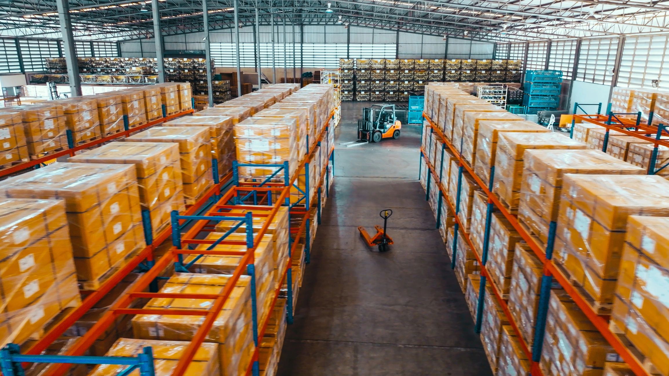Warehouse shelves with packaged merchandise for logistics and returns